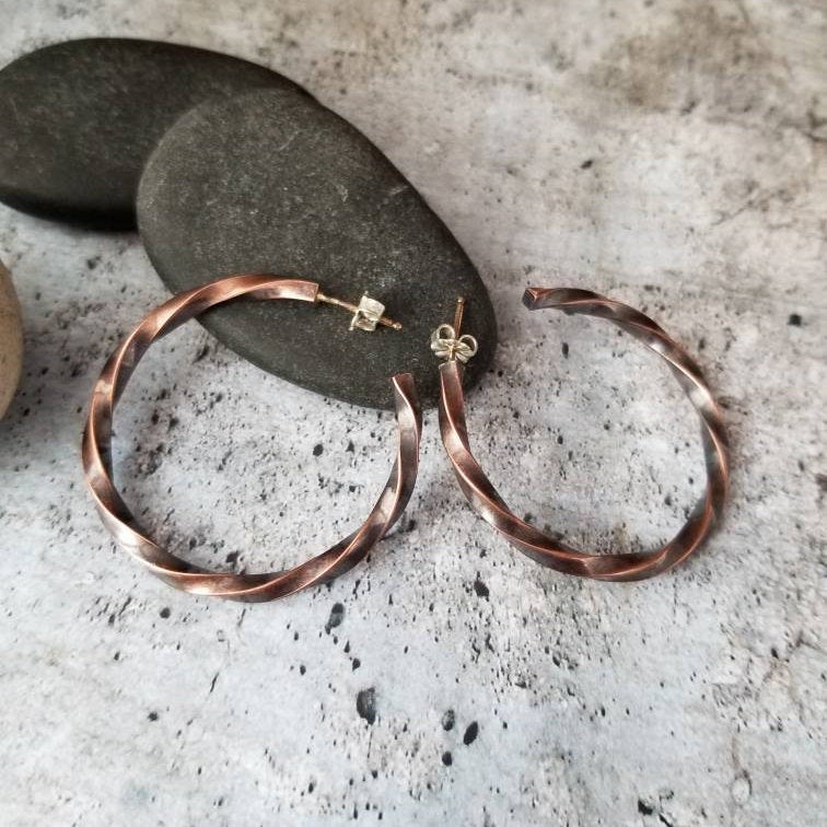 Twisted Raw Copper Hoops, Post Open Hoop Earrings, Girlfriend Gift, Blackened Copper Post Earrings, Copper Earrings, Twist Metal Earrings.
