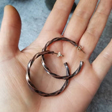 Load image into Gallery viewer, Twisted Raw Copper Hoops, Post Open Hoop Earrings, Girlfriend Gift, Blackened Copper Post Earrings, Copper Earrings, Twist Metal Earrings.