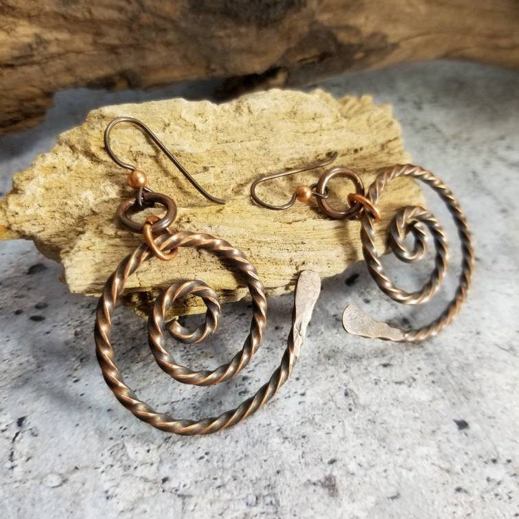 Twisted Copper Spiral Symbol Dangle Earrings