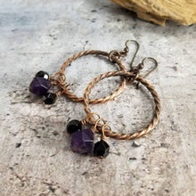 Load image into Gallery viewer, Crystal Dangle Earrings, Antiqued Copper Earrings. Purple Black Gem Copper Earrings, Amethyst February Birthstone Jewelry. Gift for Mom.