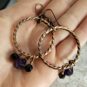Crystal Dangle Earrings, Antiqued Copper Earrings. Purple Black Gem Copper Earrings, Amethyst February Birthstone Jewelry. Gift for Mom.