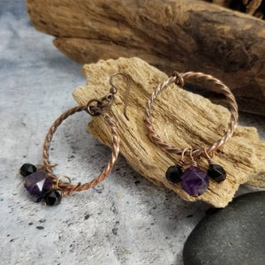 Crystal Dangle Earrings, Antiqued Copper Earrings. Purple Black Gem Copper Earrings, Amethyst February Birthstone Jewelry. Gift for Mom.