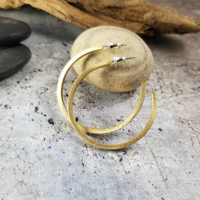 Gold Metal Earrings, Brass Hoops. Semicircle Open Hoop Earrings, Post Earrings, 1 1/2