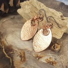 Load image into Gallery viewer, Dragon Scale Earrings, Hammered Copper Solid Metal Scales, Dangle Earrings, Medieval Jewelry, SCA LARP, Rustic Viking Earrings. Ren Faire.