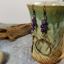 Load image into Gallery viewer, Rustic Copper Amethyst Crystal Dangle Earrings. Boho Jewelry