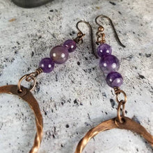 Load image into Gallery viewer, Rustic Copper Amethyst Crystal Dangle Earrings. Boho Jewelry