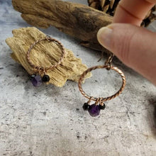 Load image into Gallery viewer, Crystal Dangle Earrings, Antiqued Copper Earrings. Purple Black Gem Copper Earrings, Amethyst February Birthstone Jewelry. Gift for Mom.