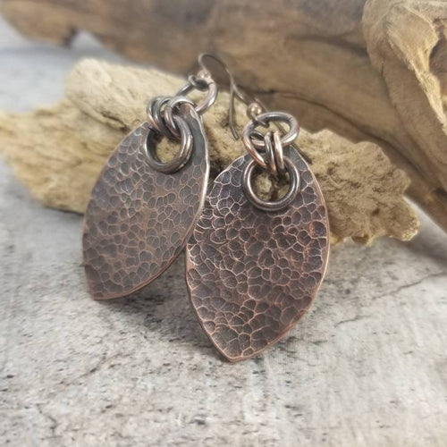 Dragon Scale Earrings, Hammered Copper Solid Metal Scales, Dangle Earrings, Medieval Jewelry, SCA LARP, Rustic Viking Earrings. Ren Faire.