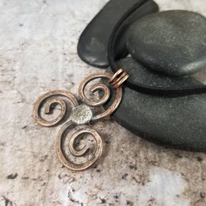 Triskele Necklace. Handmade Mixed Metal Pendant. Ancient Triple Spiral Symbol