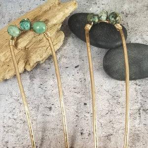 Hair Pin, Metal and Stone. Hammered Bronze with African Turquoise Bun Holder Pin