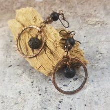 Load image into Gallery viewer, Hammered Copper Earrings, Diffuser Earrings,Black Onyx Lava Stone and Smoky Quartz Crystal
