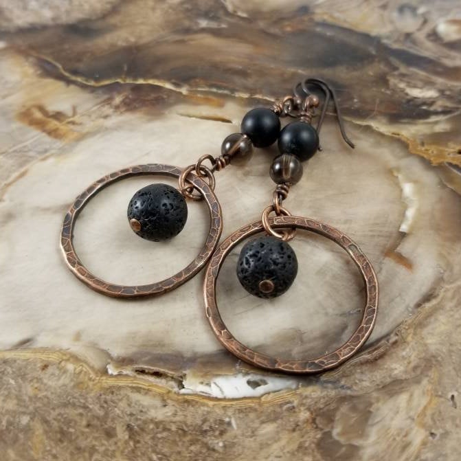 Hammered Copper Earrings, Diffuser Earrings,Black Onyx Lava Stone and Smoky Quartz Crystal