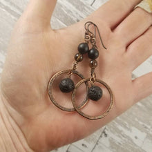 Load image into Gallery viewer, Hammered Copper Earrings, Diffuser Earrings,Black Onyx Lava Stone and Smoky Quartz Crystal