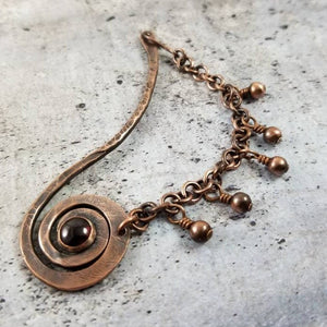 Copper Shawl Pin Stick with Chain, Knitting gift. Garnet  Brooch January Birthstone .