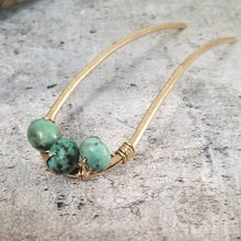 Load image into Gallery viewer, Hair Pin, Metal and Stone. Hammered Bronze with African Turquoise Bun Holder Pin