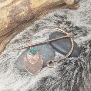 Malachite Cloak Pin, Metal Shawl Clasp, Handmade Rustic Copper Viking Penannular Brooch.