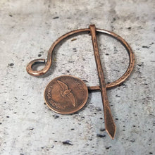 Load image into Gallery viewer, Canadian Penny Cloak Clasp, Metal Shawl Pin, Handmade Rustic Copper Viking Penannular Pin