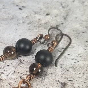 Hammered Copper Earrings, Diffuser Earrings,Black Onyx Lava Stone and Smoky Quartz Crystal