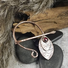 Load image into Gallery viewer, Garnet Cloak Pin Metal Shawl Clasp, Handmade  Viking Penannular Brooch,  Red Garnet Gemstone.