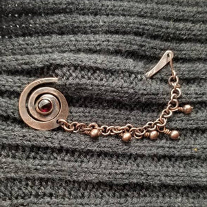 Copper Shawl Pin Stick with Chain, Knitting gift. Garnet  Brooch January Birthstone .