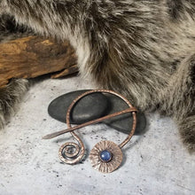 Load image into Gallery viewer, Blue Kyanite Cloak Pin, Metal Shawl Clasp, Handmade Rustic Copper Viking Penannular Brooch