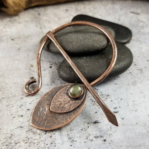 Labradorite Cloak Pin, Metal Shawl Clasp, Rustic Copper Viking Penannular Brooch