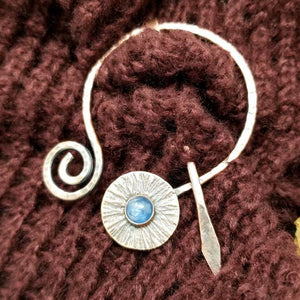 Blue Kyanite Cloak Pin, Metal Shawl Clasp, Handmade Rustic Copper Viking Penannular Brooch