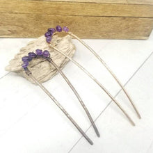Load image into Gallery viewer, Amethyst Crystal Hair Pin, Hammered Gold Metal Hair Fork Bun Holder. February Birthstone Hair Accessory. Womens Birthday Gift. Mom Gift.