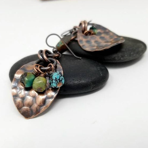 Turquoise Earrings. December Birthstone Rustic Copper Dangle Earrings