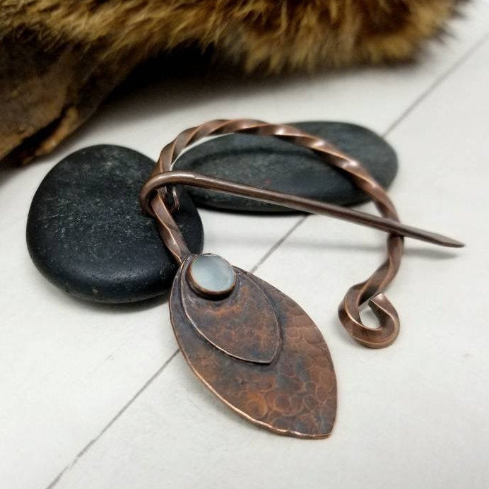 Viking Cloak Pin, Twisted Copper  Fantasy Viking costume jewelry, Penannular Shawl Pin.
