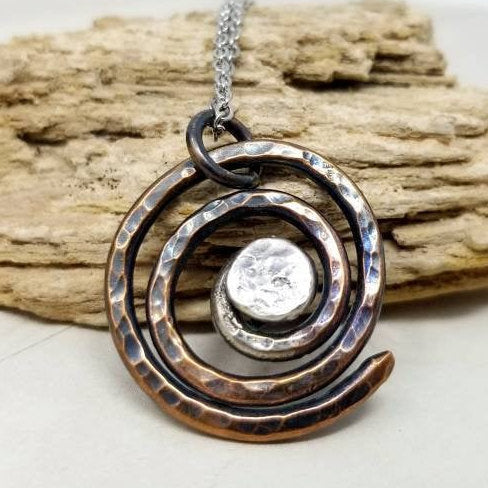 Small Round Square Swirl Copper Pendant Necklace