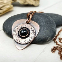 Load image into Gallery viewer, Rustic Copper Black Onyx Mens Necklace. Artisan Made Guitar Pick Pendant with Onyx Stone