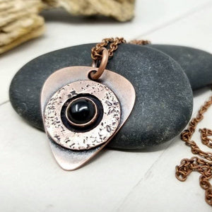 Rustic Copper Black Onyx Mens Necklace. Artisan Made Guitar Pick Pendant with Onyx Stone