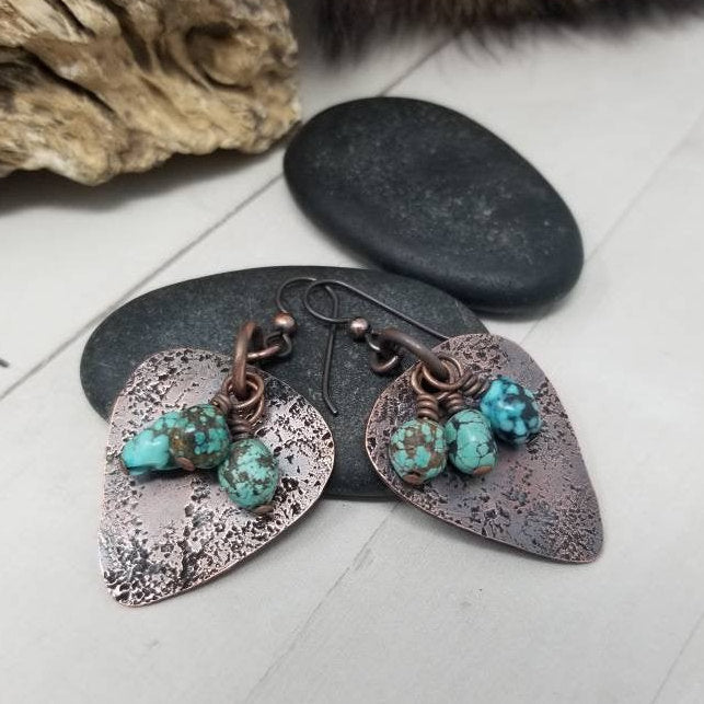 Copper Turquoise Earrings. Rustic Copper Dangle Earrings,
