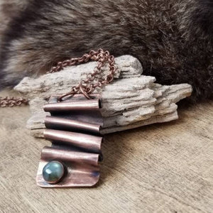 Labradorite Necklace, Antiqued Foldform Copper Pendant on Chain, Blue Labradorite Gem