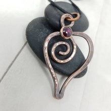 Load image into Gallery viewer, Rustic Copper Heart Pendant, Red Garnet Crystal Heart Necklace,