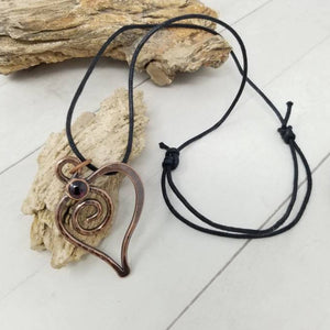 Rustic Copper Heart Pendant, Red Garnet Crystal Heart Necklace,