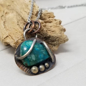 Chrysocolla Necklace, Mixed Metal Stone Pendant,  OOAK Natural Gemstone Pendant, Handmade