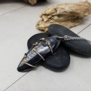 Mens Fossil Necklace, Prehistoric Orthoceras Nautiloid Fossil, Mixed Metal Pendant