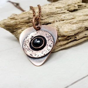 Rustic Copper Black Onyx Mens Necklace. Artisan Made Guitar Pick Pendant with Onyx Stone