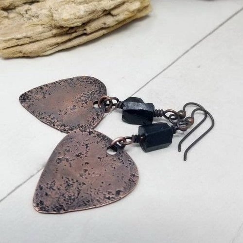 Raw Black Tourmaline Earrings, Rustic Antique Copper Dangle Stone Earrings, Raw Crystal Jewelry