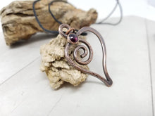 Load image into Gallery viewer, Rustic Copper Heart Pendant, Red Garnet Crystal Heart Necklace,