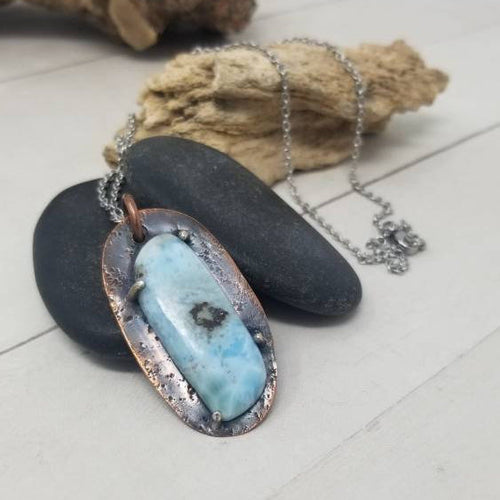 Freeform Larimar Crystal Necklace, Prong Claw Setting Larimar Gemstone