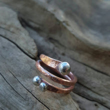 Load image into Gallery viewer, Copper and Silver Ring, Mixed Metals Ring. Bimetal Ring. Wraparound Ring. Gift for Mom, Artisan Rustic Ring Silver Drops. Made any Size