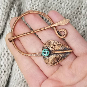 Hammered Copper Leaf  Penannular Pin with Turquoise Gemstone