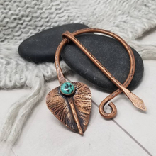 Load image into Gallery viewer, Hammered Copper Leaf  Penannular Pin with Turquoise Gemstone